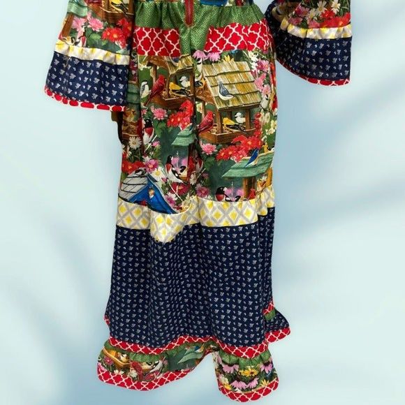 Cute Hobo Styled Maxi Dress Bird & Multi Print Cotton Long Ruffled Dress Women - Picture 7 of 8
